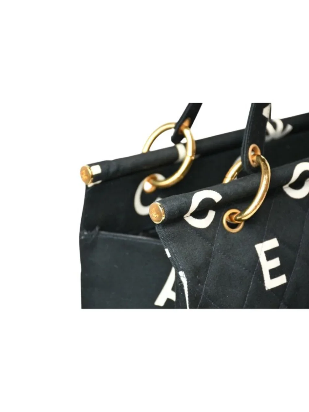 Chanel Handbag Quilted Black White Cotton Canvas Gold